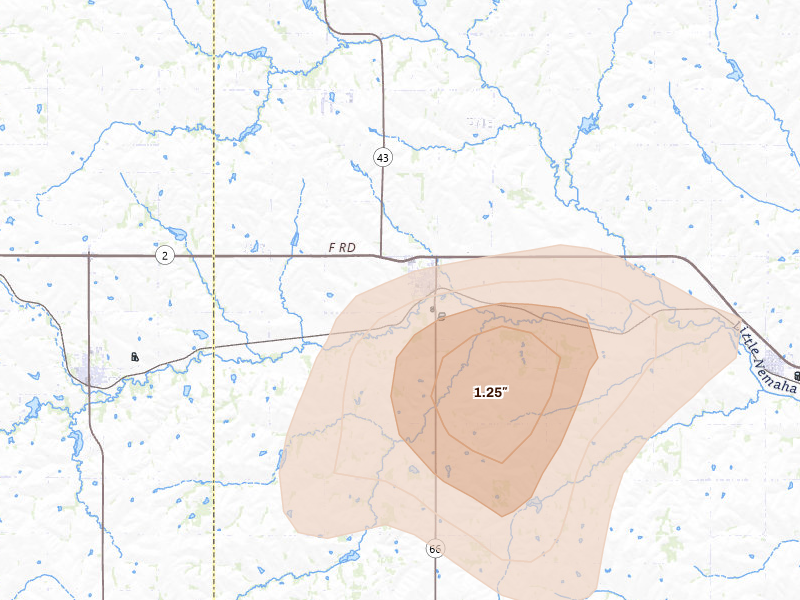 Radar-estimated hail-size map of the storm over Palmyra, NE