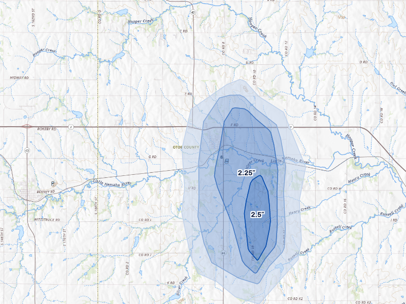 NEXRAD radar-signature map of the hail storm over Palmyra, NE on Sep 6, 2026