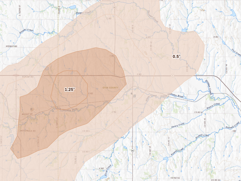 Radar-estimated hail-size map of the storm over Palmyra, NE