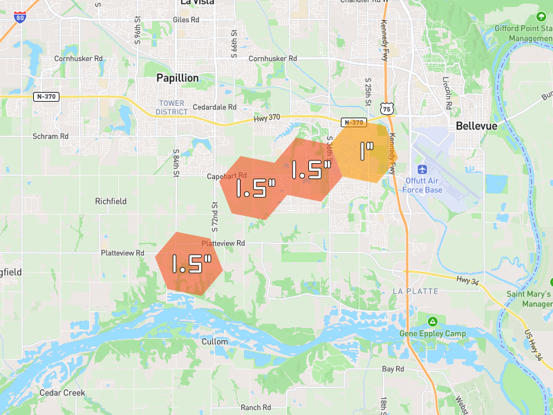 Hail map of Papillion, NE on Jun 6, 2026, hail up to 1.5"