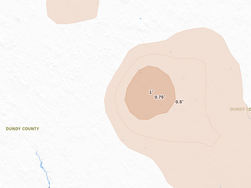 Radar-estimated hail-size map of the storm over Parks, NE on Jun 24, 2026
