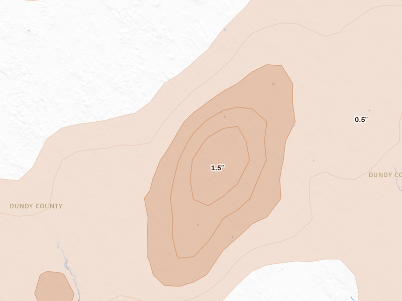Radar-estimated hail-size map of the storm over Parks, NE on Jul 2, 2026