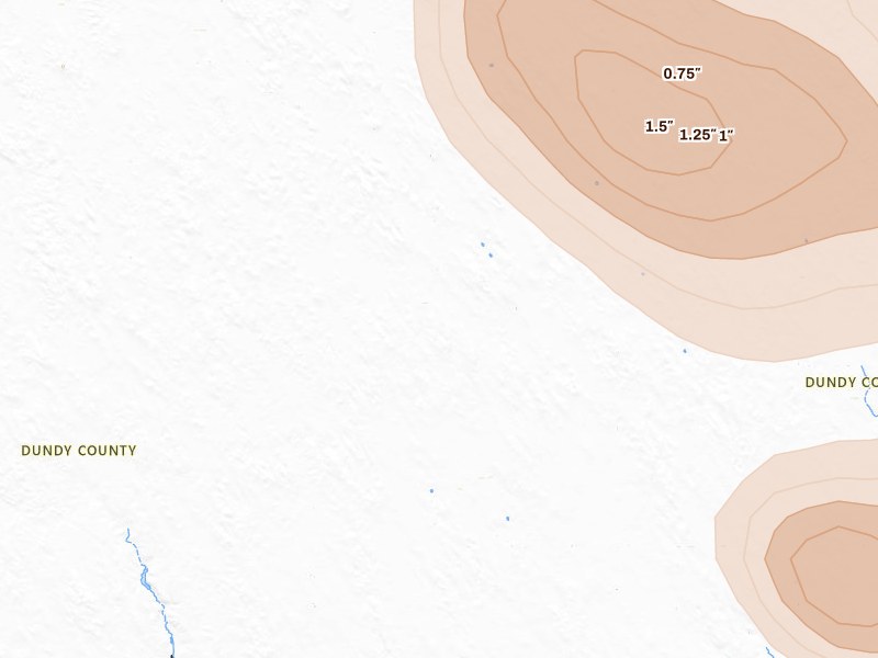 Radar-estimated hail-size map of the storm over Parks, NE on Jul 27, 2026
