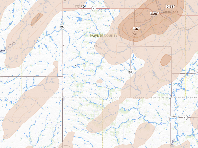 Radar-estimated hail-size map of the storm over Pawnee City, NE on Apr 23, 2026