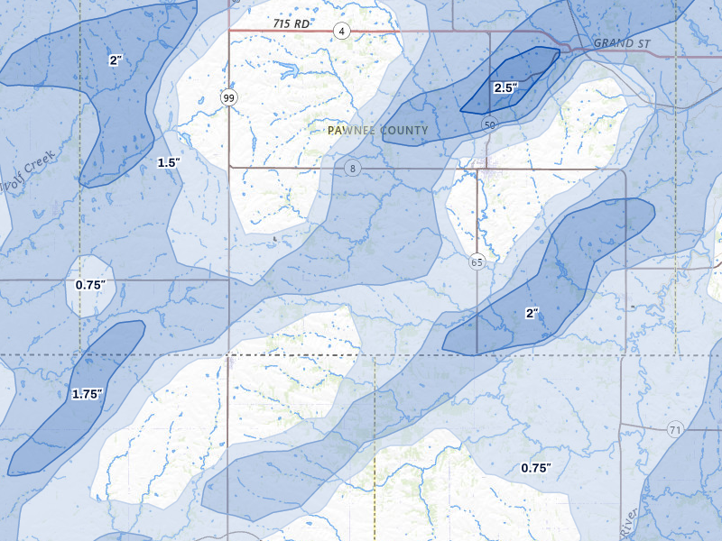 NEXRAD radar-signature map of the hail over Pawnee City, NE