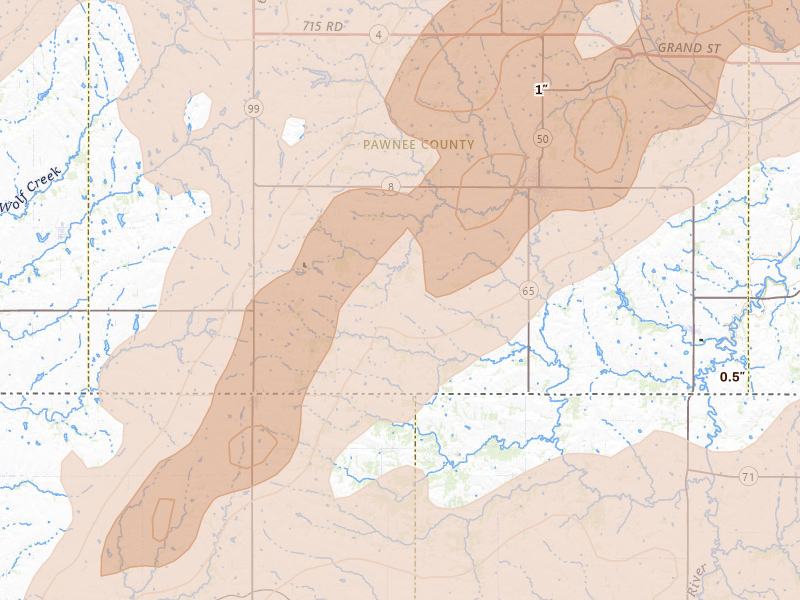 Radar-estimated hail-size map of the storm over Pawnee City, NE on May 18, 2026