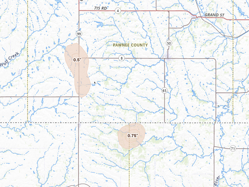 Radar-estimated hail-size map of the storm over Pawnee City, NE on Jun 6, 2026