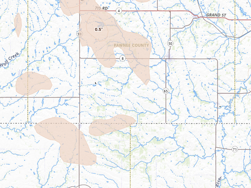 Radar-estimated hail-size map of the storm over Pawnee City, NE on Jul 3, 2026