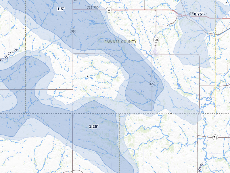 NEXRAD radar-signature map of the hail storm over Pawnee City, NE on Jul 3, 2026