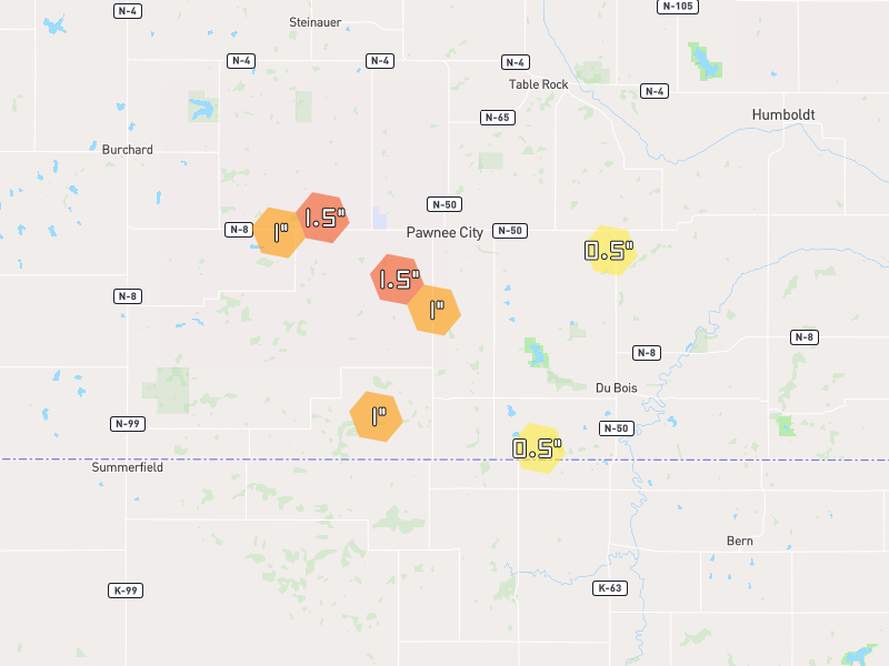 Hail map of Pawnee City, NE on Jul 4, 2026, hail up to 1.5"