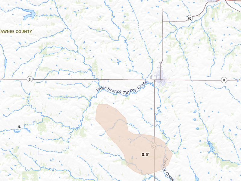 Radar-estimated hail-size map of the storm over Pawnee City, NE on Aug 19, 2026