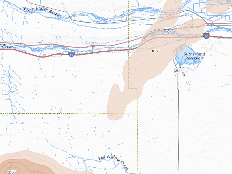 Radar-estimated hail-size map of the storm over Paxton, NE on May 16, 2026