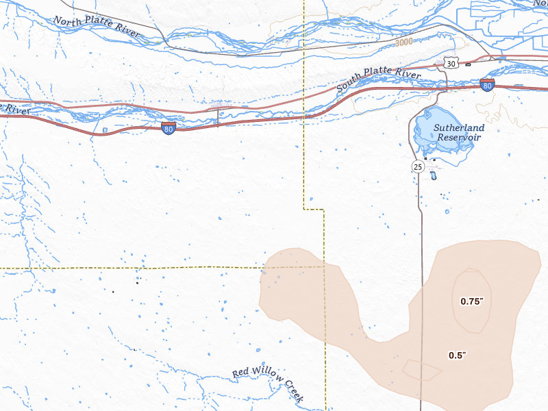Radar-estimated hail-size map of the storm over Paxton, NE on May 23, 2026