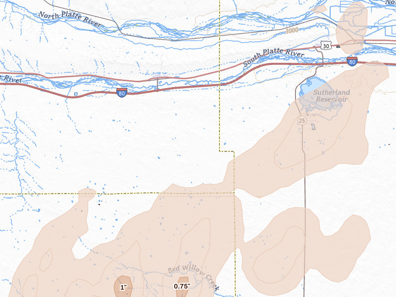 Radar-estimated hail-size map of the storm over Paxton, NE on Jun 8, 2026