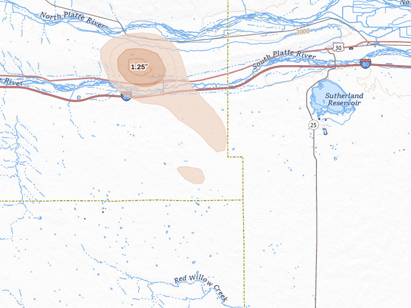 Radar-estimated hail-size map of the storm over Paxton, NE on Jul 4, 2026