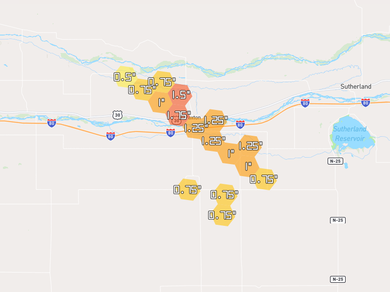 Hail map of Paxton, NE on Jul 4, 2026, hail up to 1.75"