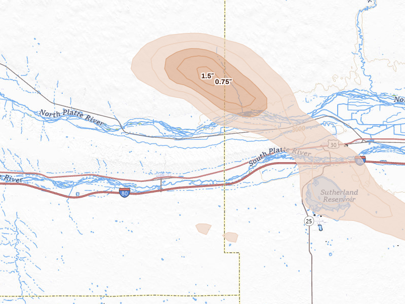 Radar-estimated hail-size map of the storm over Paxton, NE on Aug 15, 2026