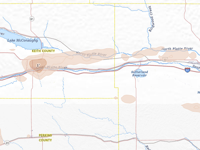 Radar-estimated hail-size map of the storm over Paxton, NE on Aug 17, 2026