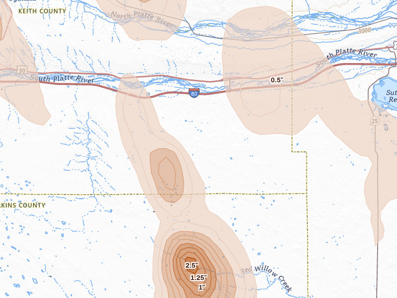Radar-estimated hail-size map of the storm over Paxton, NE on Aug 27, 2026