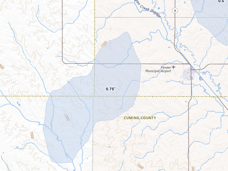 NEXRAD radar-signature map of the hail storm over Pender, NE on Mar 5, 2026