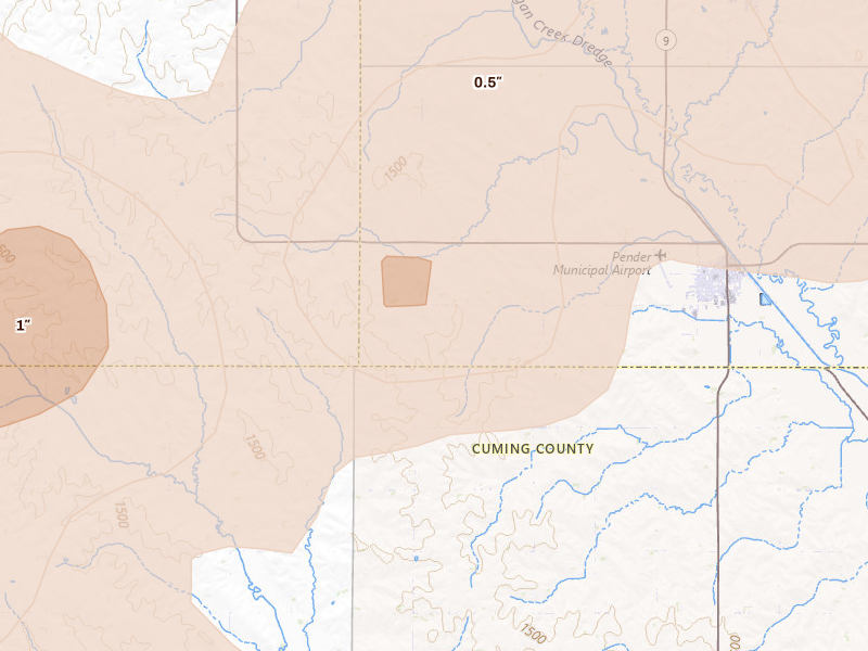 Radar-estimated hail-size map of the storm over Pender, NE on May 17, 2026