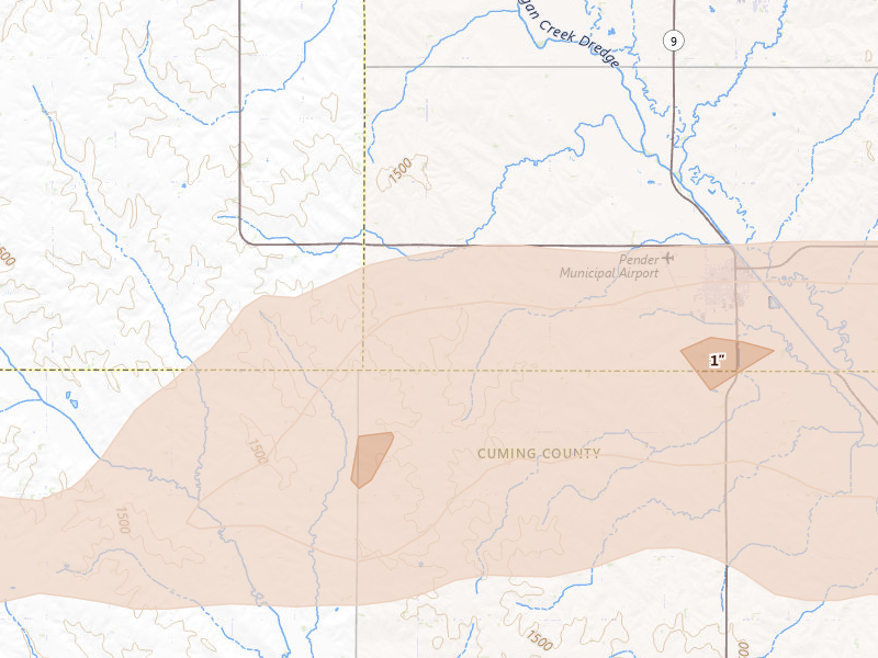 Radar-estimated hail-size map of the storm over Pender, NE