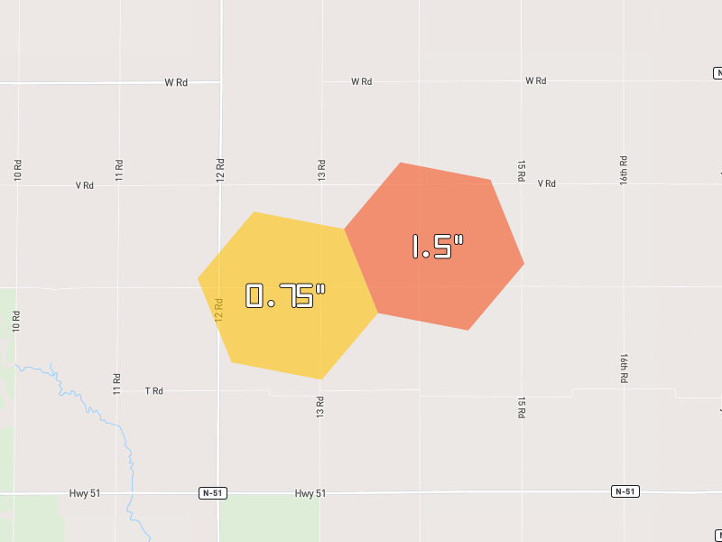 Hail map of Pender, NE on Jul 2, 2026, hail up to 1.5"