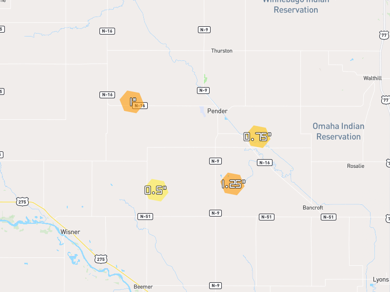 Hail map of Pender, NE on Jul 3, 2026, hail up to 1.25"