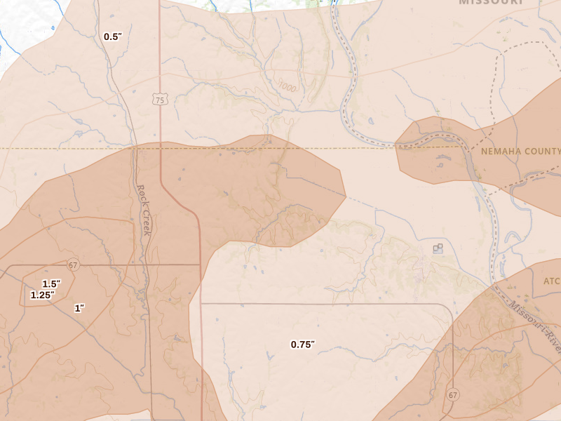 Radar-estimated hail-size map of the storm over Peru, NE on May 18, 2026