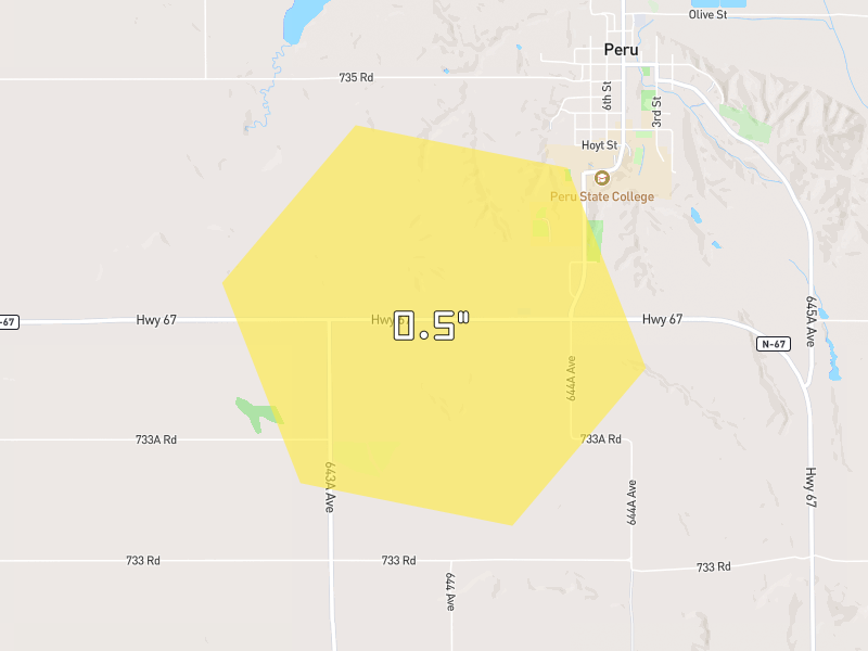Hail map of Peru, NE on Jul 1, 2026, hail up to 0.5"