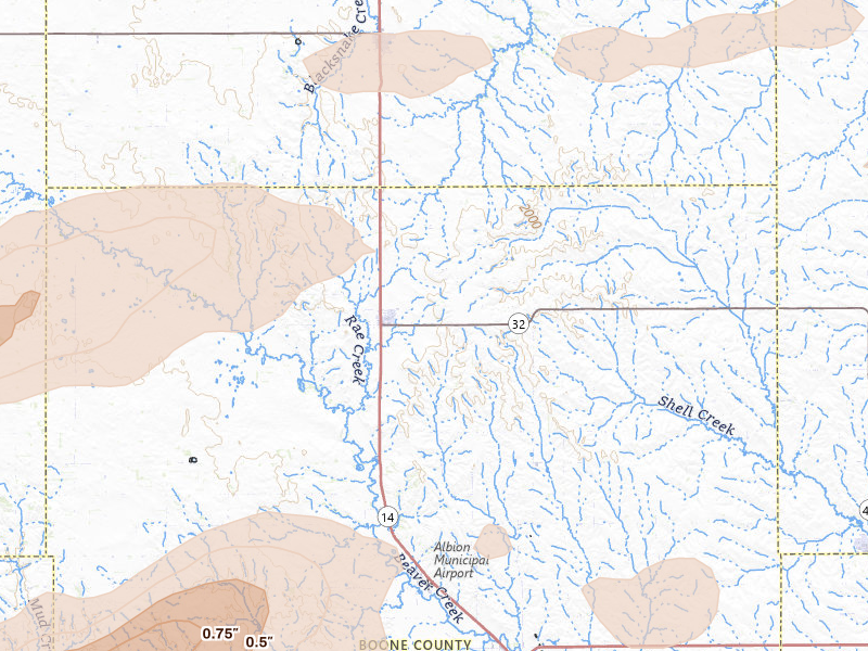 Radar-estimated hail-size map of the storm over Petersburg, NE on Jun 12, 2026