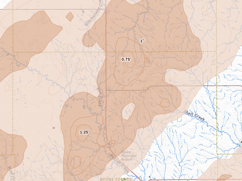 Radar-estimated hail-size map of the storm over Petersburg, NE on Jun 29, 2026