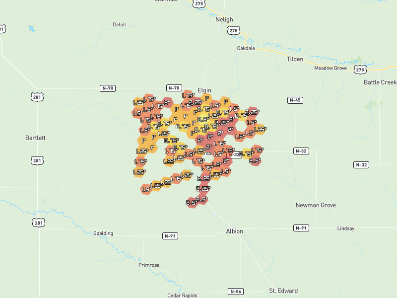 Hail map of Petersburg, NE on Jun 30, 2026, hail up to 2.5"
