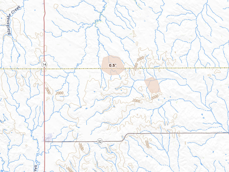 Radar-estimated hail-size map of the storm over Petersburg, NE on Aug 8, 2026