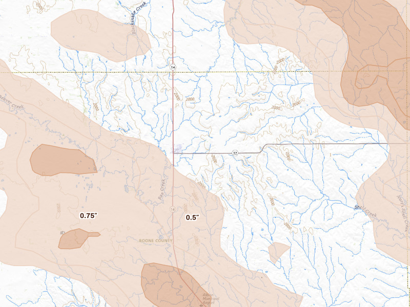 Radar-estimated hail-size map of the storm over Petersburg, NE on Sep 11, 2026