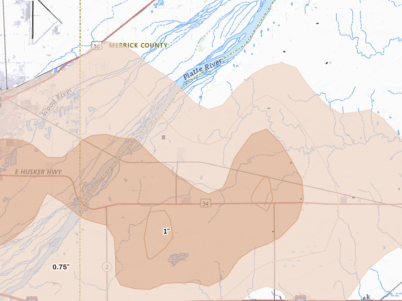 Radar-estimated hail-size map of the storm over Phillips, NE on May 16, 2026