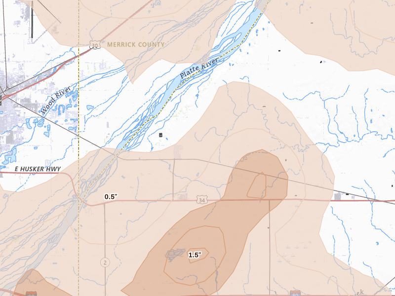 Radar-estimated hail-size map of the storm over Phillips, NE on Jun 5, 2026