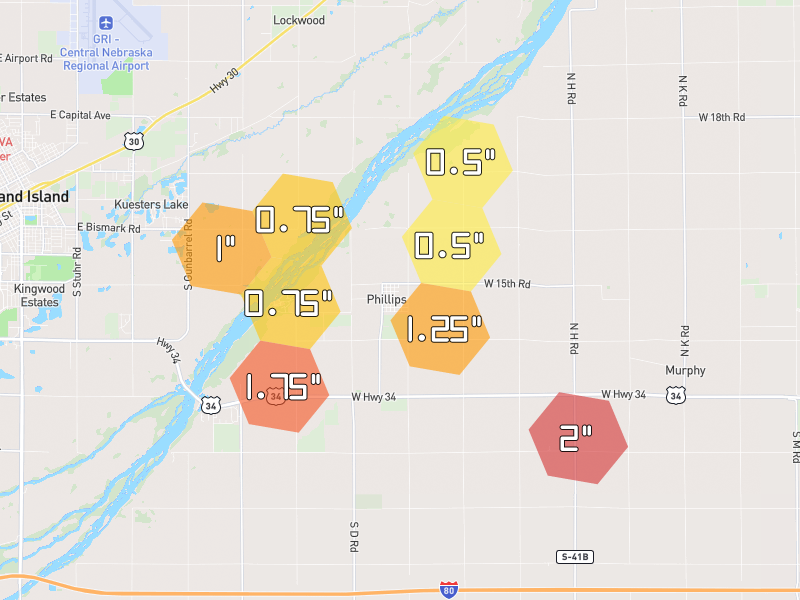 Hail map of Phillips, NE on Jun 6, 2026, hail up to 2"
