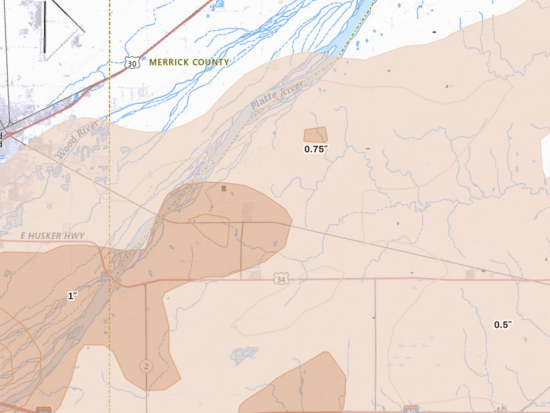 Radar-estimated hail-size map of the storm over Phillips, NE on Jun 10, 2026
