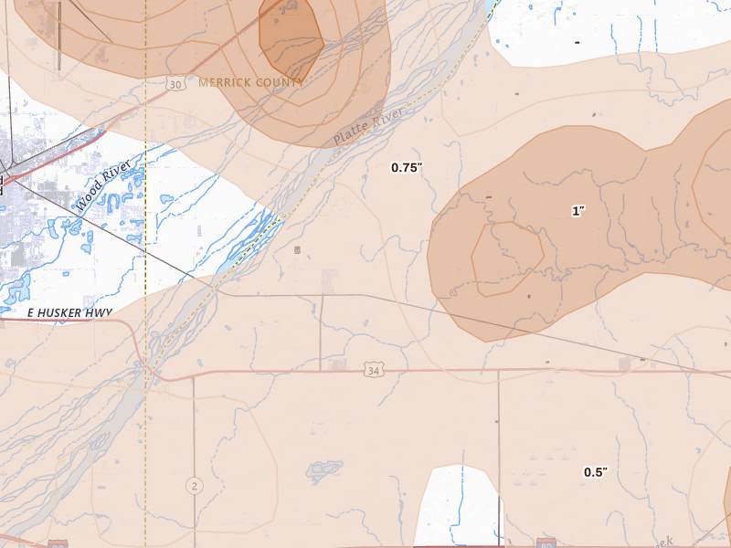 Radar-estimated hail-size map of the storm over Phillips, NE on Jul 8, 2026