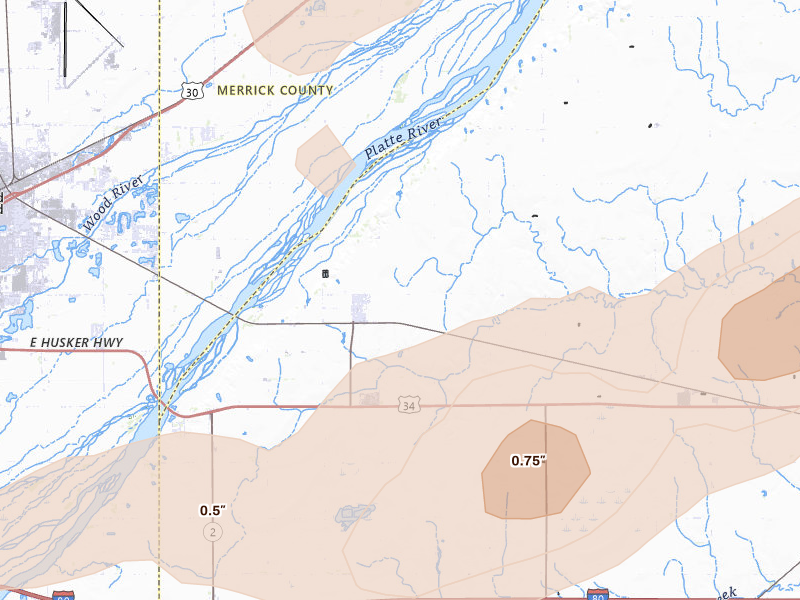 Radar-estimated hail-size map of the storm over Phillips, NE on Aug 19, 2026