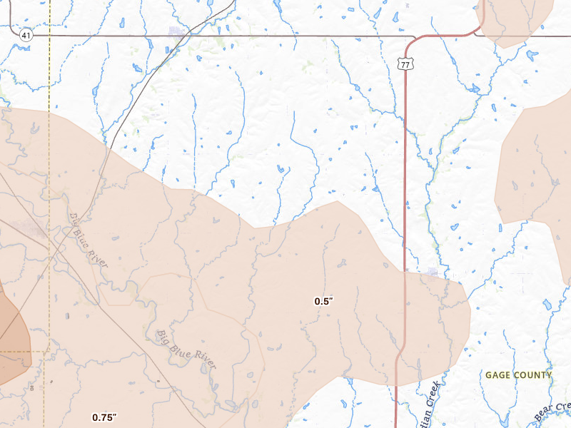Radar-estimated hail-size map of the storm over Pickrell, NE on Apr 25, 2026
