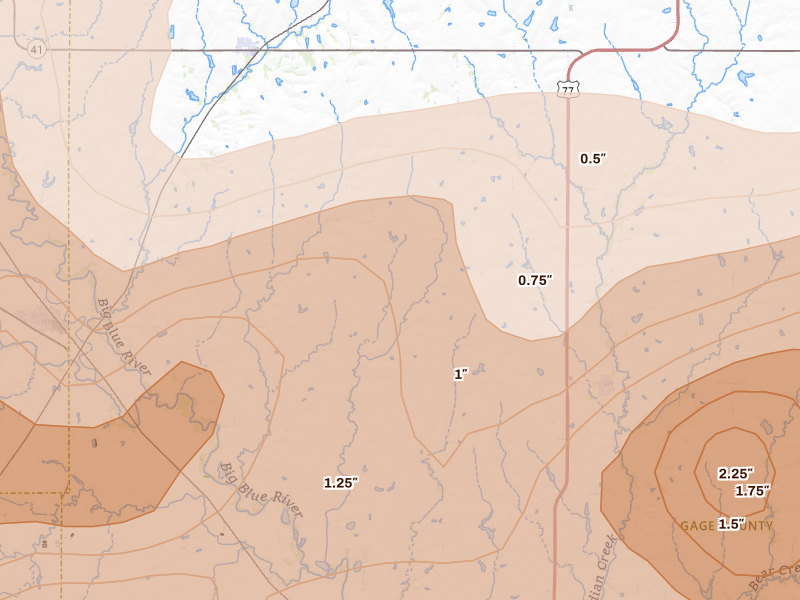 Radar-estimated hail-size map of the storm over Pickrell, NE on May 16, 2026