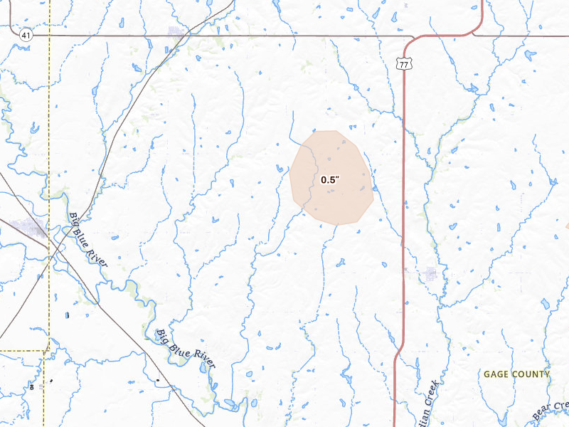 Radar-estimated hail-size map of the storm over Pickrell, NE on May 29, 2026