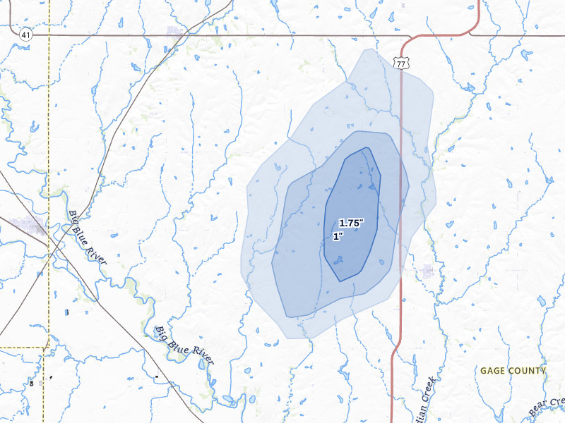NEXRAD radar-signature map of the hail storm over Pickrell, NE on May 29, 2026