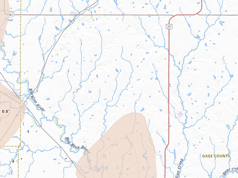 Radar-estimated hail-size map of the storm over Pickrell, NE on Jun 5, 2026