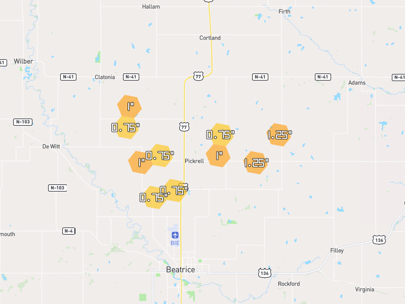 Hail map of Pickrell, NE on Jun 6, 2026, hail up to 1.25"