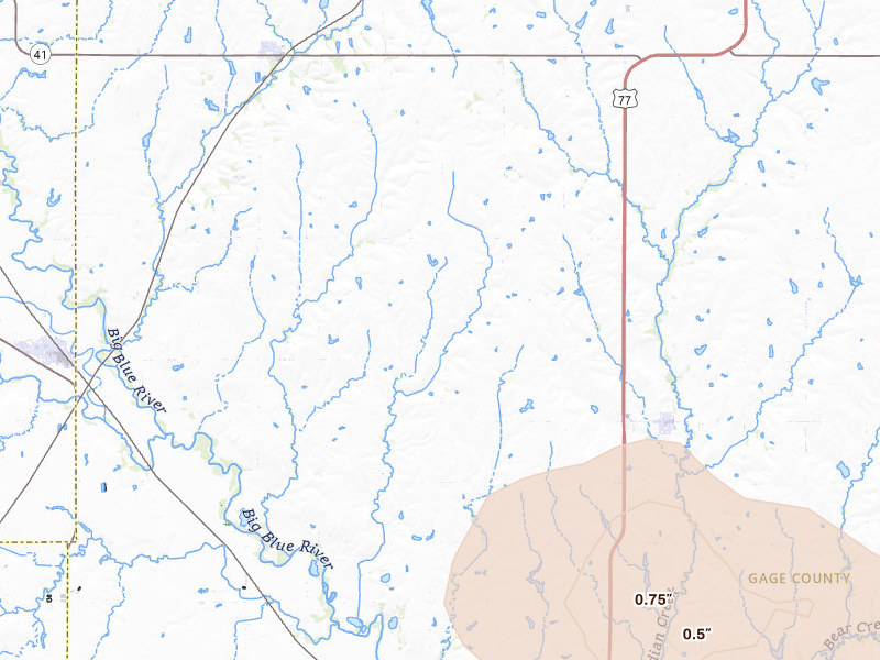 Radar-estimated hail-size map of the storm over Pickrell, NE on Jul 3, 2026