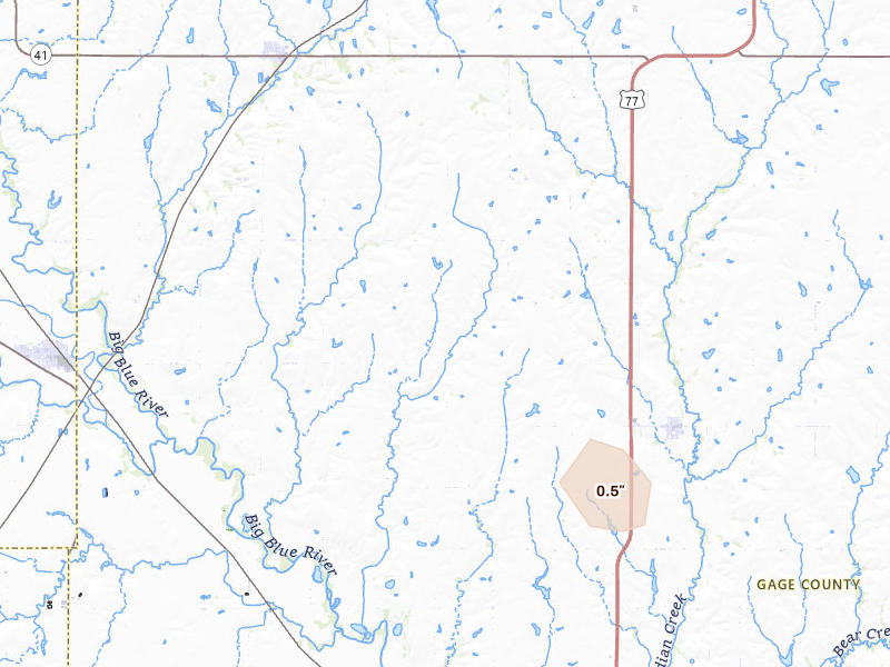 Radar-estimated hail-size map of the storm over Pickrell, NE on Aug 6, 2026