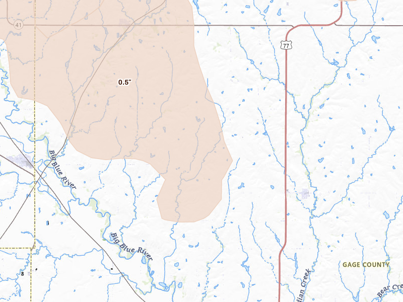 Radar-estimated hail-size map of the storm over Pickrell, NE on Aug 19, 2026
